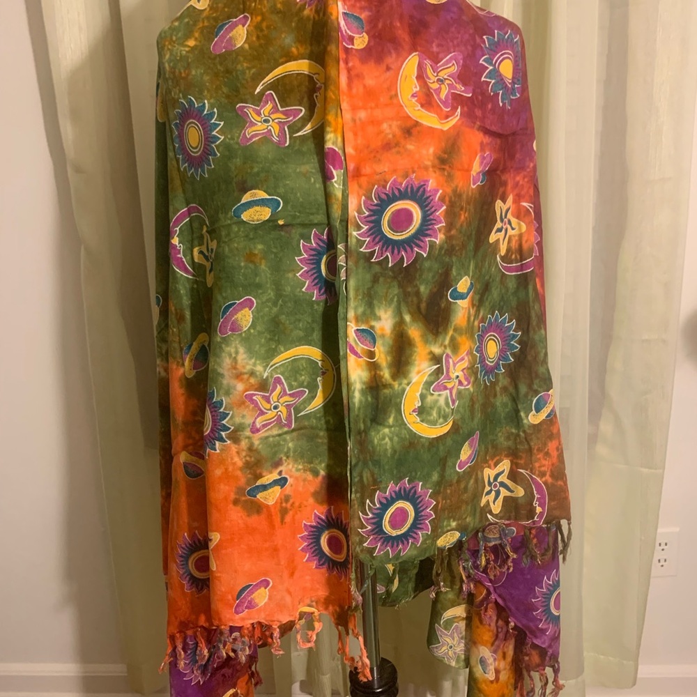 Tie-Dye Celestial Velvet Wrap Scarf in Green & Orange - Unbranded